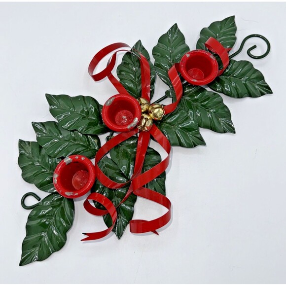 Vintage Christmas Department 56 Metal Holly Ribbon Candle Holder 3 Candles 12” - Picture 13 of 13